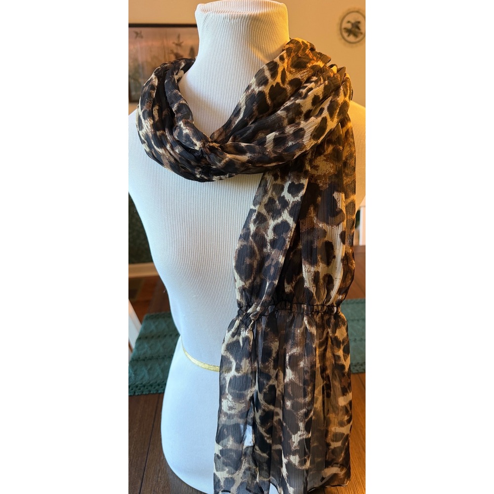 Leopard Print Cinched Tiered Sheer Scarf Animal Pattern Brown Tan
